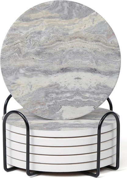 Set of 6 Light Gray Abstract Onyx Marble Coasters by Hoomey