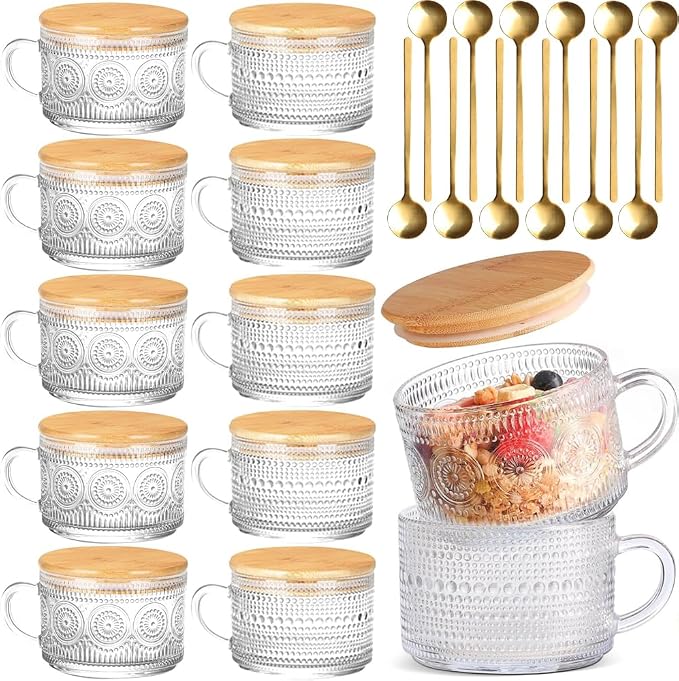 Vintage Coffee Mugs 12pcs Overnight Oats Containers Embossed Glass Tea Cups | by Fashionstorm