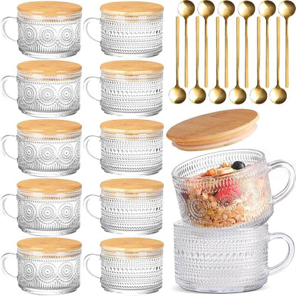 Vintage Coffee Mugs 12pcs Overnight Oats Containers Embossed Glass Tea Cups | by Fashionstorm