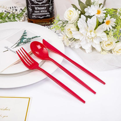 PULOTE 150PCS Red Plastic Silverware Set - Heavy Duty Plastic Cutlery - Red Utensils Disposable Include 50 Forks, 50 Spoons, 50 Knives for Party & Valentines Day