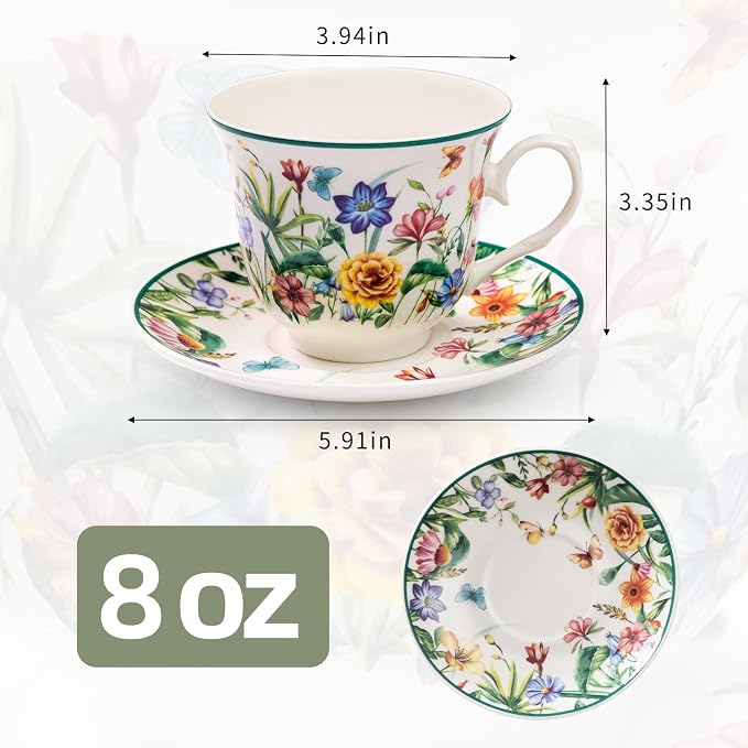 Tea Cups and Saucers, 8 OZ Wildflower Porcelain Tea Cup - Image 3