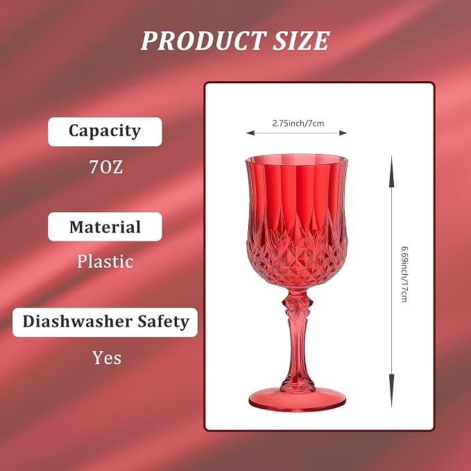 7OZ Plastic Wine Glasses, Reusable Vintage Goblets Unbreakable Drinking Glasses - Image 2