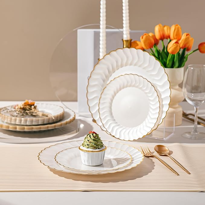 Lullaby 60PCS Pearl White Scalloped Plastic Plates - Image 5