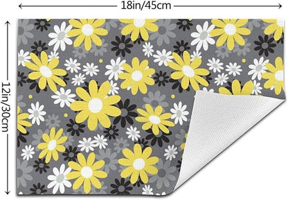 Placemats Set of 6 Vintage Daisy Place Mats Abstract White Yellow Floral Woven Table Mats Washable Black Grey PVC Placemat for Dining Kitchen Decor Indoor Outdoor, 12 x 18 Inch