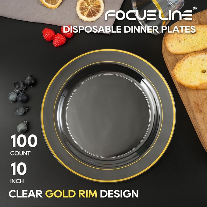 FOCUSLINE 100 Count 10 Inch Clear and Gold Plastic Plates, Disposable Heavy - Image 2
