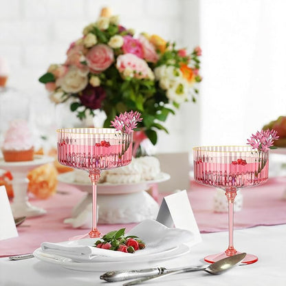 24 PCS Ribbed Coupe Glasses Pink Plastic Champagne Coupe Cup 10oz Detachable Gold Rim Espresso Martini Glass Vintage Margarita Glassware Cocktail Glass for Wedding Bachelorette Party