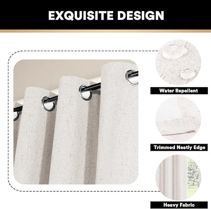 PrinceDeco 100% Blackout Curtains 63 Inch Length for Bedroom Faux Textured Linen Look Window Curtains Sun Heat Blocking Linen Curtains Thermal Insulated Burlap Curtain & Drapes, Set of 2, Ivory