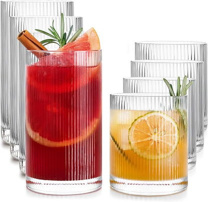Drinking Water Glass Cups Set, Crystal Clear ribbed Glass set of 8, 17oz&12oz | by LUNAMANTHA