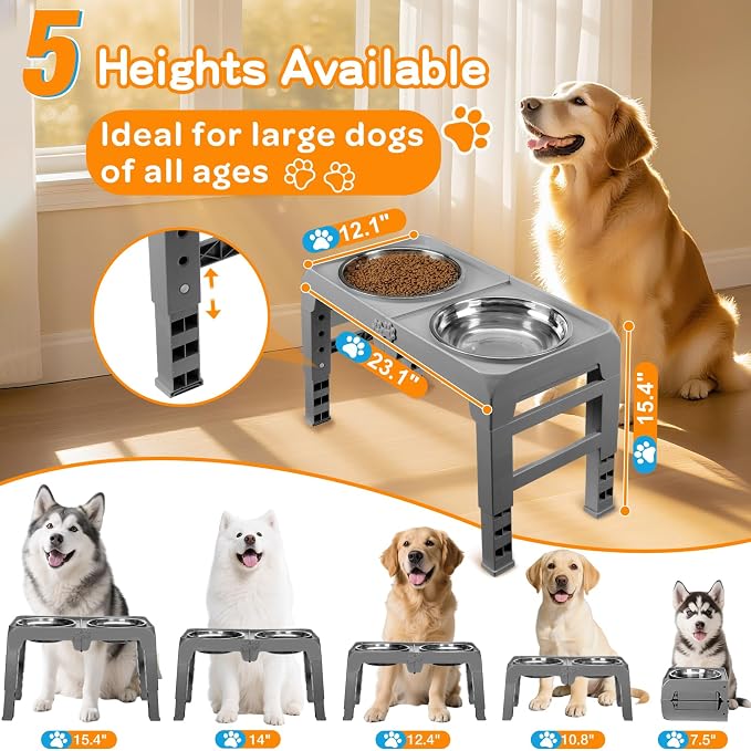 Elevated Dog Bowls for Large Dogs 5 Adjustable Heights 7.5"-15.4", 2 X-Large - Image 2