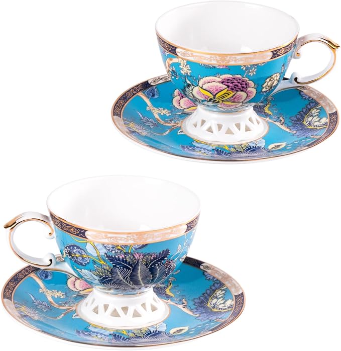 KAMMAK Tea Cups and Saucers Set of 2, Fine Bone China Coffee Cups, GHO03 | by KAMMAK