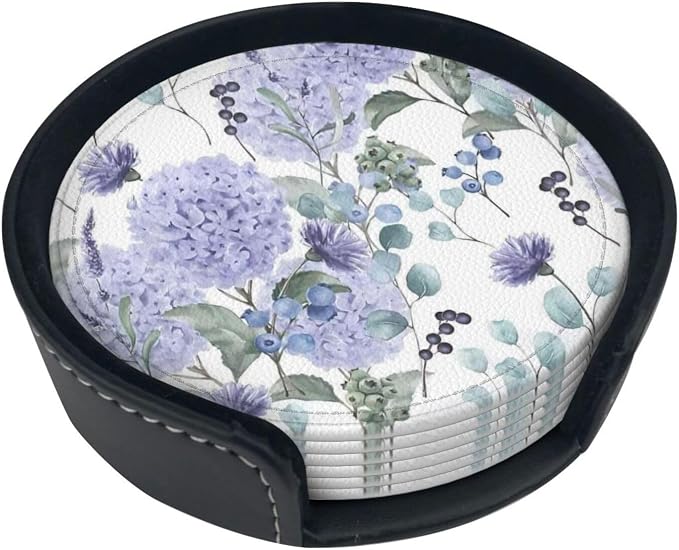 6 Pcs Blue Purple Hydrangea Flower Leather Coasters - Image 2