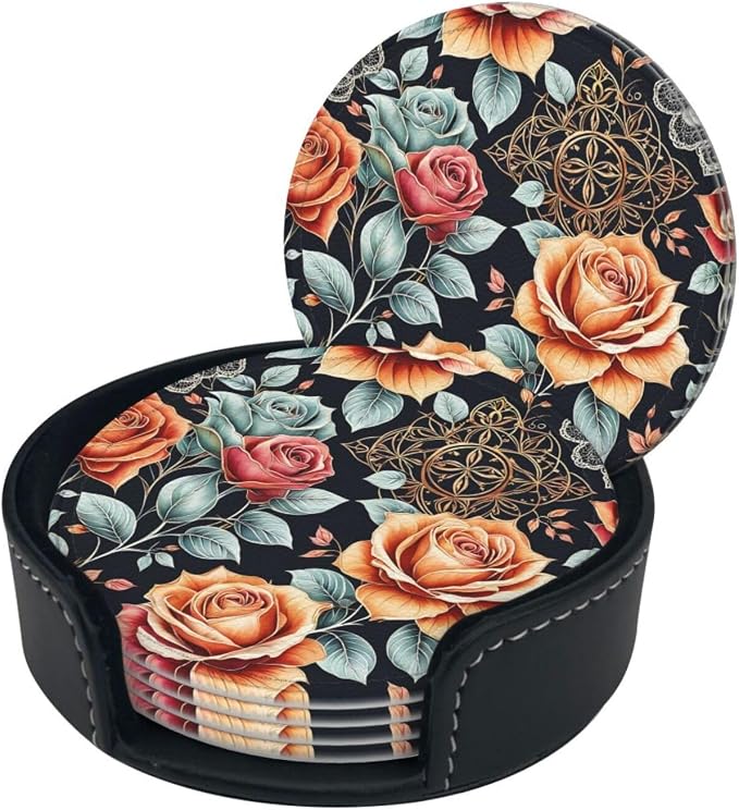 Drink Coasters with Holder Stand Set of 6, Roses Flower Vintage Pu Leather - Image 8