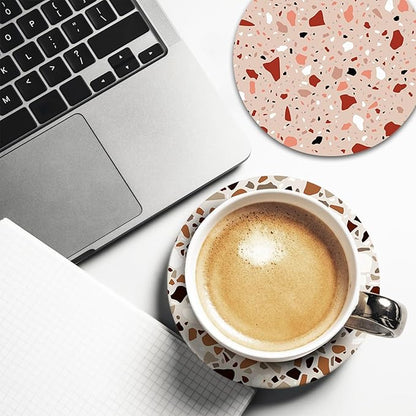 Terrazzo Ceramic Coasters with Holder Set of 6, Colorful Modern Art Absorbent Drink Cup Mat for Coffee Table Protection, 4 Inches Minimalist Artistic Home Kitchen Decor Housewarming Gifts