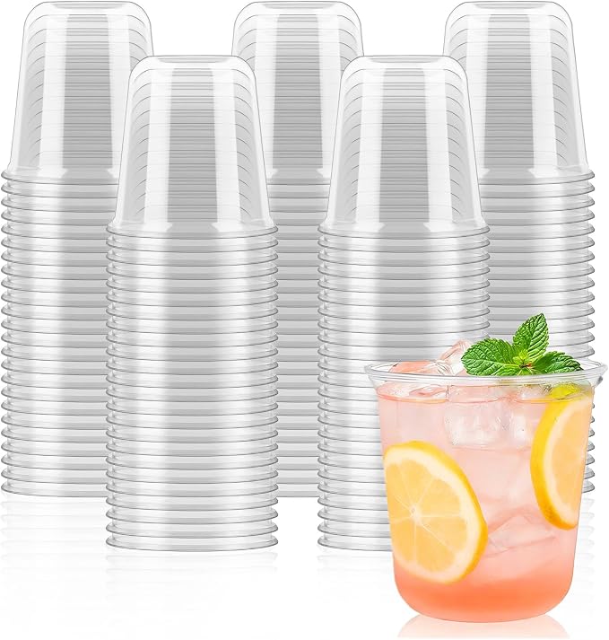 50 x Round Bottom Clear Plastic Cups 12 oz | Disposable Cocktail Cups, Stemless by Jycnolm