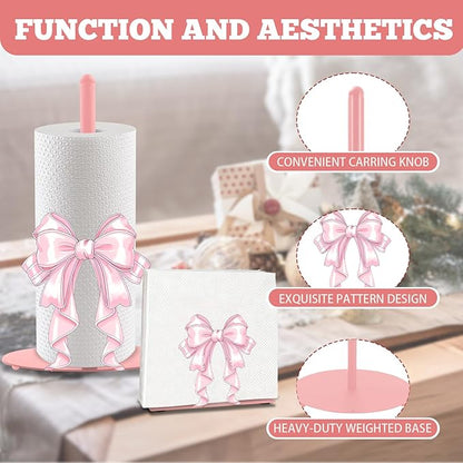 Pink Bow Paper Towel Holder, Pink Countertop Kitchen Decor Indoor with Round Base, Bows Lover Gifts, Iron Bow Napkin Holder Stand Accessories for Bathroom Kitchen Dining, 2 PCS