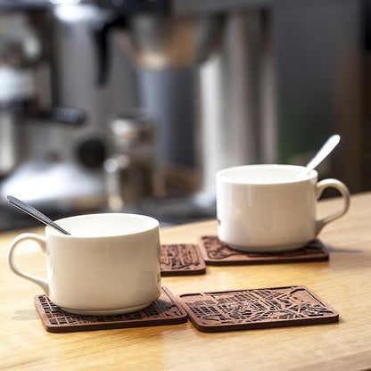 London Map Coaster by O3 Design Studio, Set Of 4, Sapele Wooden Coaster With City Map, Handmade