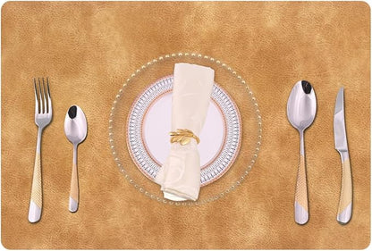 Faux Leather Placemats with Rounded Corners Set of 6,Washable&Wipeable Place Mats,Waterproof&Heat-Resistant Table Mats, Good for Kitchen and Kids-Khaki