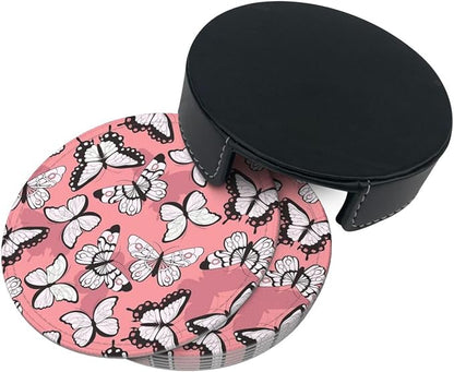 Drink Coasters with Holder Stand Set of 6, Butterfly Pattern Pu Leather - Image 7