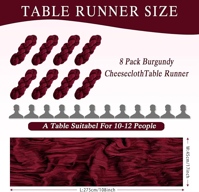 8 Pack Burgundy Cheesecloth Table Runner 17x108 inch Boho Gauze Cheese Cloth - Image 2