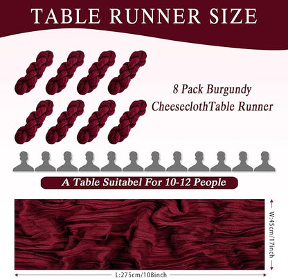 8 Pack Burgundy Cheesecloth Table Runner 17x108 inch Boho Gauze Cheese Cloth - Image 2
