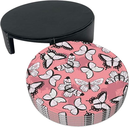 Drink Coasters with Holder Stand Set of 6, Butterfly Pattern Pu Leather - Image 9