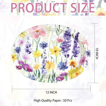 50Pcs Spring Floral Oval Paper Plates 10" x 12" Large Heavy Duty Disposable Flower Vintage Dessert Themed Plates for Spring Summer Floral Holiday Wedding Party Supplies Decorations