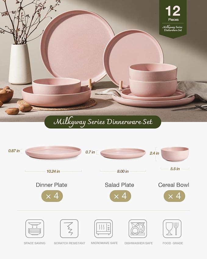 Famiware Milkyway 12-Piece Stoneware Dinnerware Set, Light Pink | Plates and - Image 2