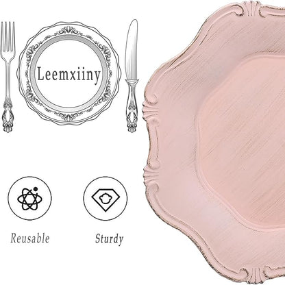 Pink Charger Plates Set of 6, Decorative Table Plastic Chargers for Dinner Plates, Party, Wedding, Thanksgiving, Christmas, 22P