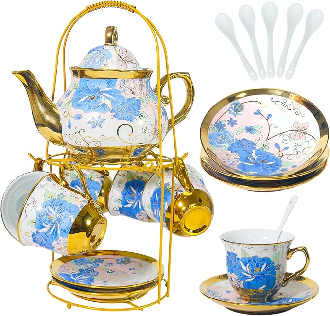 CHANJOON Gold Plated Red Rose Ceramic Tea Set, Vintage Tea Sets by CHANJOON