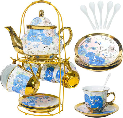 CHANJOON Gold Plated Red Rose Ceramic Tea Set, Vintage Tea Sets by CHANJOON