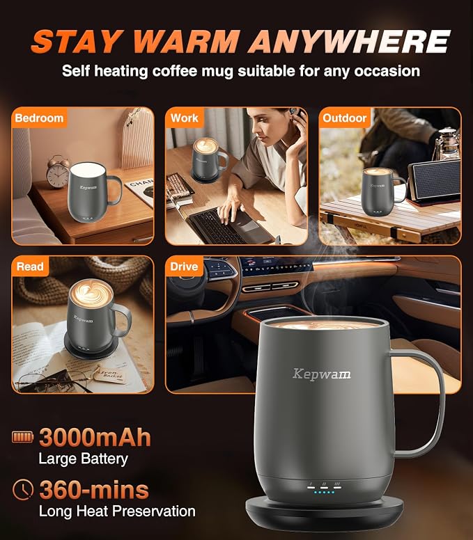 Kepwam Self-Heating Coffee Mug T2, 16oz Electric Heated Mug Hot Up to 149℉ | No - Image 4