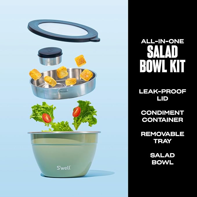 S'well Stainless Steel Salad Bowl Kit, Mountain Sage, Comes - Image 2