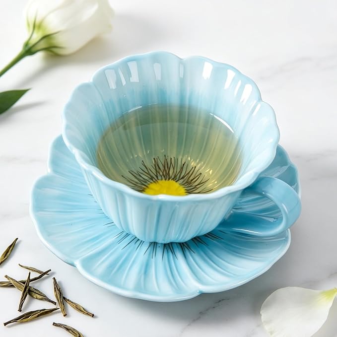 8.8 oz Tea Cups and Saucers, Flower-Shaped Ceramic Latte Art Cappuccino Cup and by Unknown