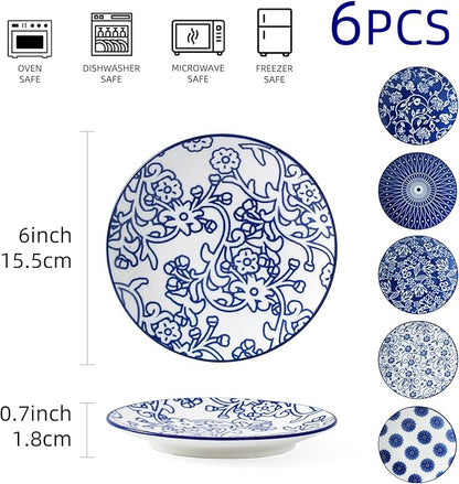 Ceramic Dessert Plates Set - 6 Inch Mini Appetizer Plates for Kitchen - Small Salad Plate for Cake Snacks Side Dish, Microwave Dishwasher Safe, Gift, Vintage Blue