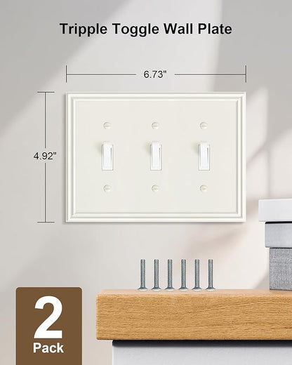 2-Pack Triple Toggle Light Switch Cover Plate, Durable Solid Zinc Alloy Decorative Switch Plate Covers, Light Almond 3 Gang Wall Plate, Corrosion Resistant