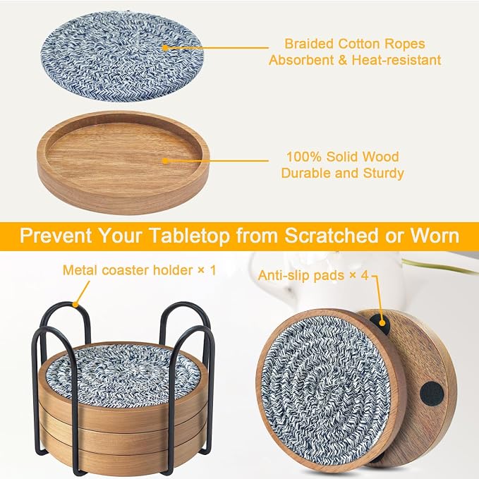 Wood Coasters for Drinks, Eykao Absorbent Coaster Sets of 5, Woven Drink - Image 5