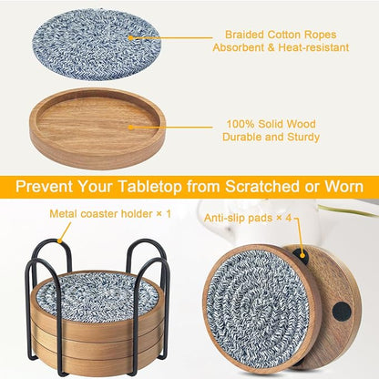 Wood Coasters for Drinks, Eykao Absorbent Coaster Sets of 5, Woven Drink - Image 5