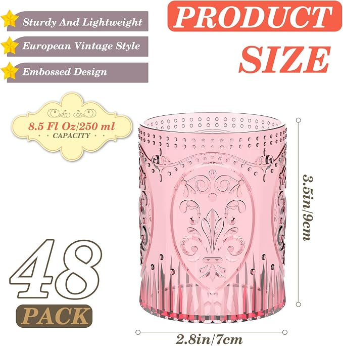 Qinyoung 48 Plastic Vintage Drinking Glasses 8.5oz Stemless Retro Embossed Wine - Image 3