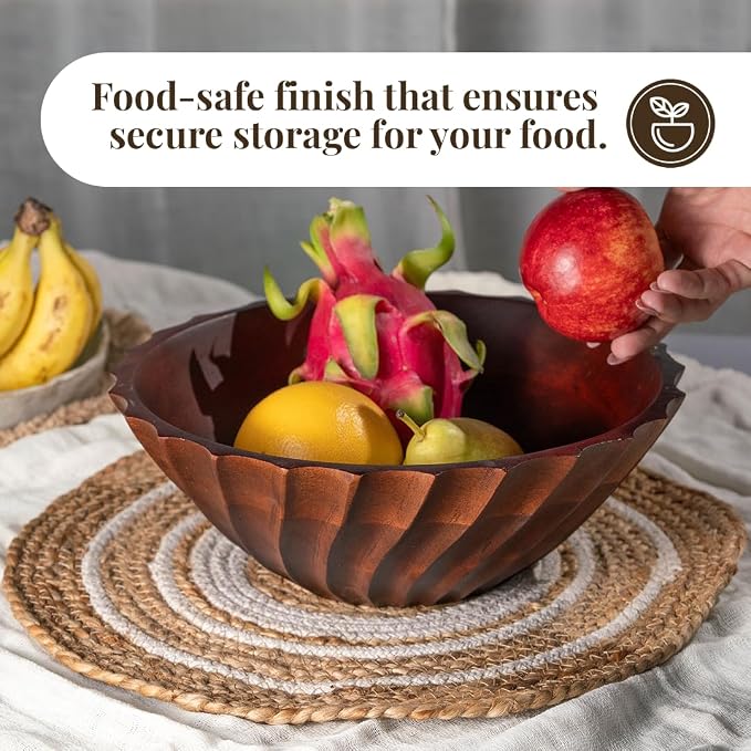 Folkulture Natural Ribbed Salad Bowl | 11” Large Mango Wood Serving Bowl - Image 6