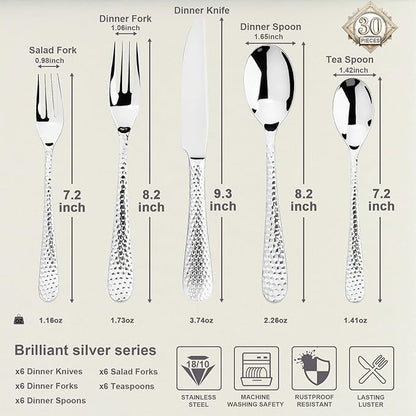 Hammered Silverware Set, 30-Piece Flatware Cutlery Set Service for 6, Modern Heavy Duty Design, 18/10 Stainless Steel Utensils, Dishwasher Safe