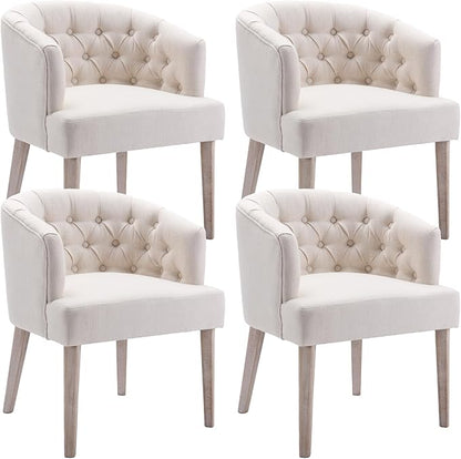 Mid-Century Dining Chairs Set of 4, Tufted Upholstered Linen Dining Room Chairs Comfy Side Chair Armchair Guest Chair with Wooden Legs for Dining Room Living Room, Beige