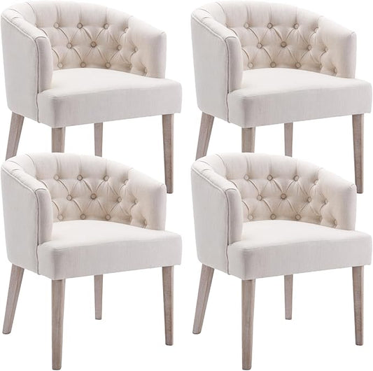 Mid-Century Dining Chairs Set of 4, Tufted Upholstered Linen Dining Room Chairs Comfy Side Chair Armchair Guest Chair with Wooden Legs for Dining Room Living Room, Beige