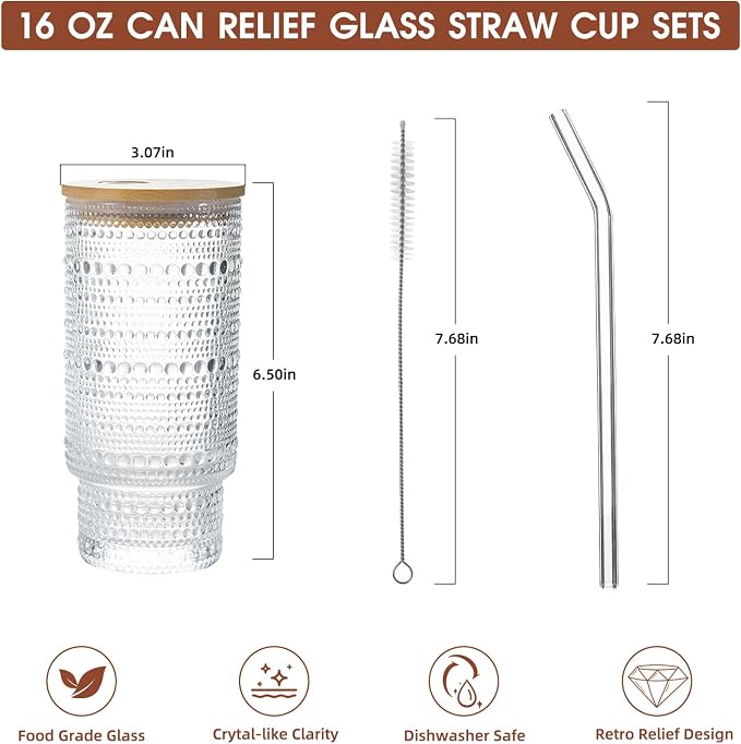Drinking Glasses with Bamboo Lids and Glass Straw 4pcs Set, 16oz Glass Tumbler - Image 7