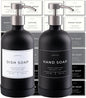 Hand and Dish Soap Dispenser for Kitchen and Bathroom, Set of 2 16 Oz Glass Bottles, Stainless Steel Pumps, Non-Slip Silicone Base, 27 Waterproof Labels (Matte Black Bottle/Brushed Silver Pump)