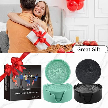 Silicone Coasters Set of 6 with Holder, Unique Rose Petal Design, Drink Coasters for Table Protection, Cup Mat for Hot-Cold Beverages, Modern Non-Slip, Non-Stick Design, Ideal Gift(6 Pack, Mint Green)