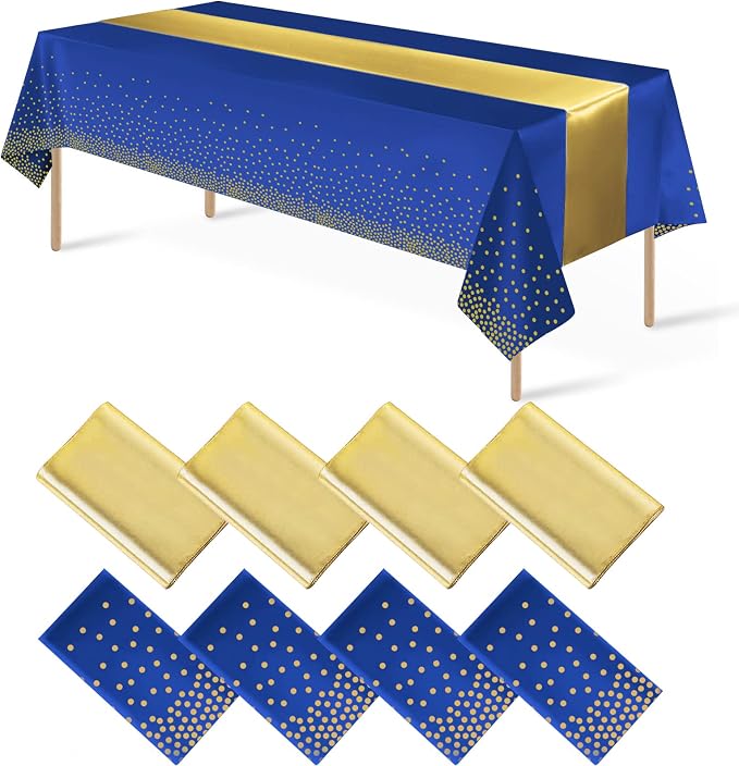 8Pack Disposable Plastic Tablecloths and Satin Table Runner Set Blue and Gold by MASHAN