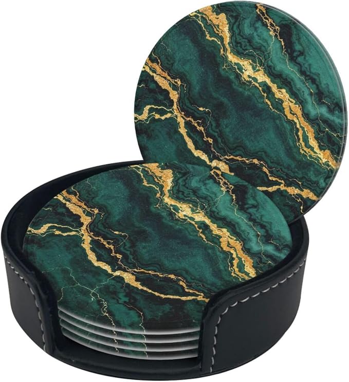 Drink Coasters with Holder Stand Set of 6, Emerald Green Gold Marble Pu Leather - Image 8