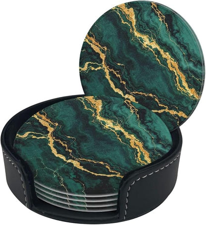 Drink Coasters with Holder Stand Set of 6, Emerald Green Gold Marble Pu Leather - Image 8