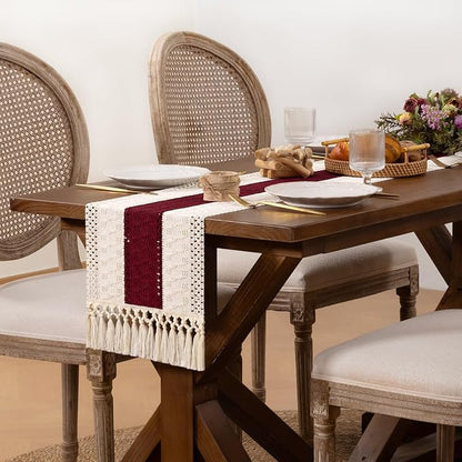 DeZerlor Ivory&Burgundy Boho Macrame Farmhouse Woven Table Runner 90Inch | - Image 3
