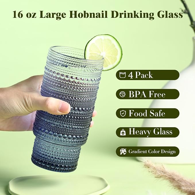 Large Capacity 16 oz Hobnail Drinking Glasses Set of 4, Vintage Glassware - Image 2